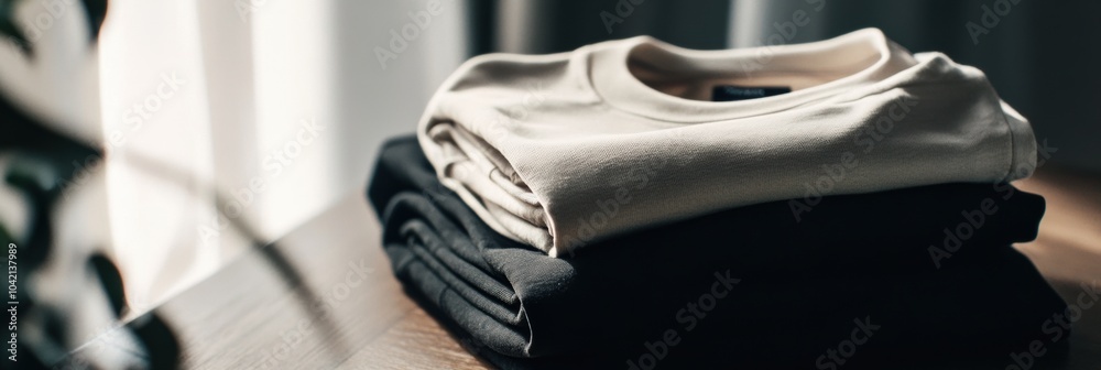 Aufkleber Folded sportswear in neutral tones rests on a smooth table, illuminated by soft natural light, creating a serene and organized ambiance. Generative AI