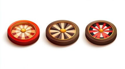 Colorful casino roulette wheels displayed on a white background showcasing their distinct designs and colors at a gaming venue, isolated on white background