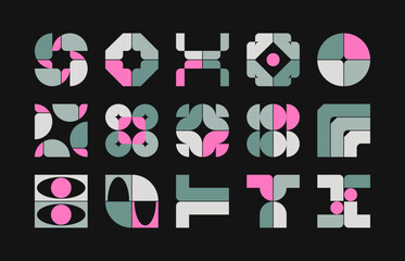 Set of fully editable vector graphic elements, geometric shapes, abstract forms and futuristic icons.