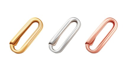 Obraz premium Colorful metal clips in gold, silver, and rose gold arranged in a row on a light background highlighting their sleek design and shiny finish, isolated on white background