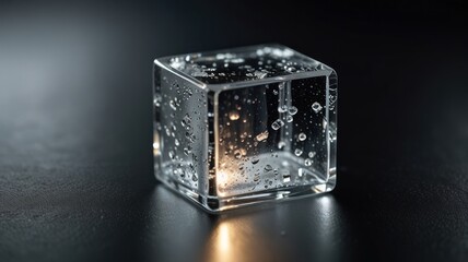 A clear glass cube with water droplets inside, reflecting light on a dark surface.