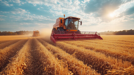 Obraz premium Combine Harvester and Tractors Loading Crops in Rural Field under Blue Sky