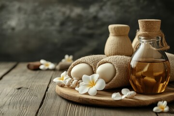 Relaxing spa essentials with aromatic oils and natural elements on wooden surface