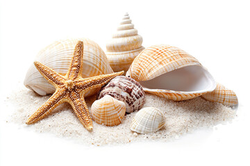 Colorful seashells and a starfish arranged on sandy beach surface showcasing ocean treasures found along the shore. Generative AI