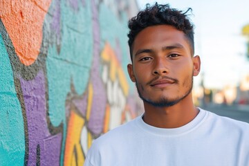 Young man with graffiti wall in urban setting