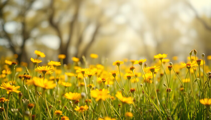 Fototapeta premium Sunny meadow with yellow flowers, spring blossom background with a white accent, png