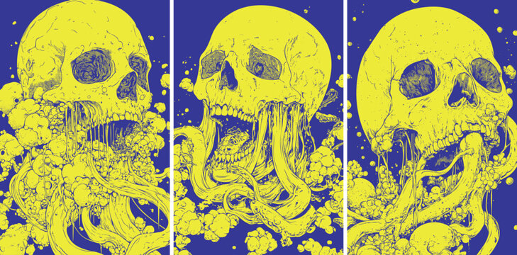 Deceasing skull remains color ink sketch vector concepts. Human skeleton dead head plague melting, horror japan asian manga comic bone scary affliction falling apart curse illustrations