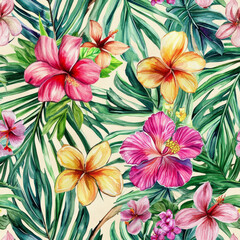 A stunning watercolor botanical illustration of a seamless pattern filled with tropical palm leaves and vibrant exotic flowers. The design evokes a Hawaiian paradise, perfect for home decor, fashion,