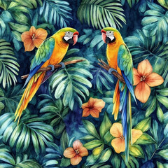 Fototapeta premium A detailed watercolor illustration of a tropical paradise with parrots, palm leaves, and exotic flowers. The seamless pattern creates a lush botanical backdrop, blending vibrant colors for a beautiful