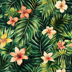 A beautiful Hawaiian-inspired seamless pattern of tropical palm leaves and exotic flowers in a watercolor style. The rich greens and bold floral accents create a botanical illustration ideal for