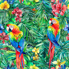 Fototapeta premium A detailed watercolor illustration of a tropical paradise with parrots, palm leaves, and exotic flowers. The seamless pattern creates a lush botanical backdrop, blending vibrant colors for a beautiful