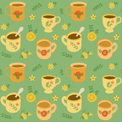Whimsical seamless pattern with tea cups and mugs and flowers and leaves on green background. Cozy vector hand drawn illustration for textile, fabric, wrapping