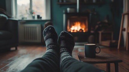 A person wearing cozy socks with patterns is sitting by the fireplace, sipping on hot cocoa while they warm up their feet in front of it.