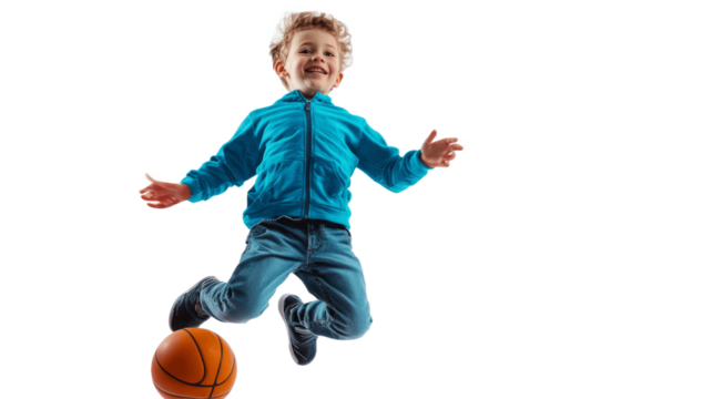 Boy in a blue jersey jumping with a basketball ball isolated on transparent background