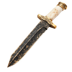 Intricate antique dagger with ornate design and weathered blade, isolated on white background.