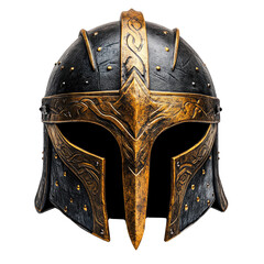 Intricate ancient warrior helmet with a distinct design, showcasing detailed craftsmanship against a white isolate background.