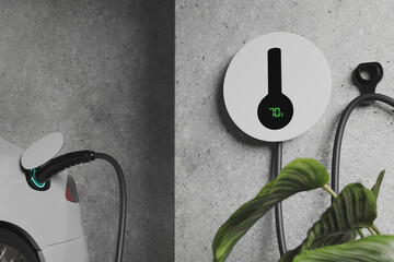 Electric Car Charging with EV charger at home, ev charger working and show status on the screen, 3d...