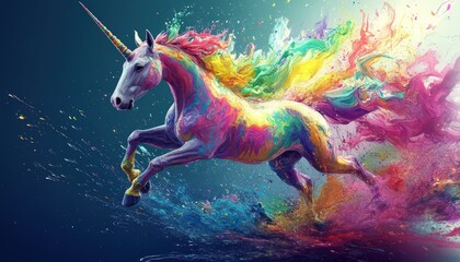 A unicorn covered in vibrant paint splashes, running through a world made abstract shapes