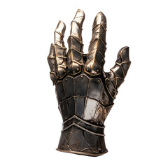 Intricate fantasy armor gauntlet, showcasing detailed craftsmanship and metallic textures, isolated on a white background.