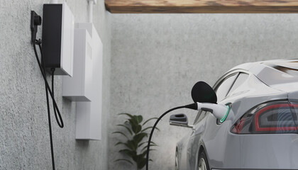 Electric Car Charging with EV charger at home, ev charger working and show status on the screen, 3d...