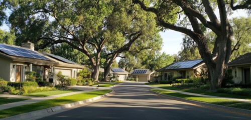 Fototapeta premium A peaceful suburban street lined with large, mature trees, casting gentle shadows over the eco-friendly homes with solar panels on the rooftops and green lawns.