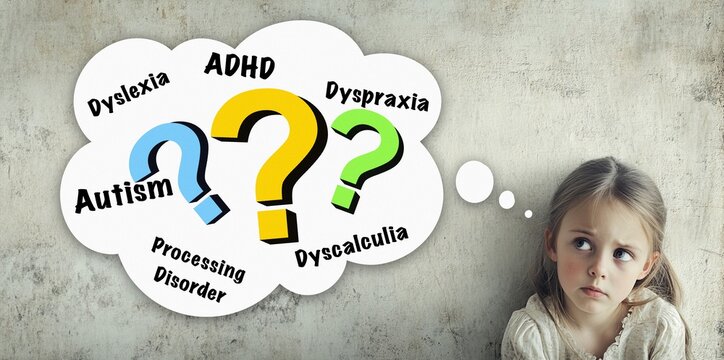 Young girl with a thought bubble of various learning differences
