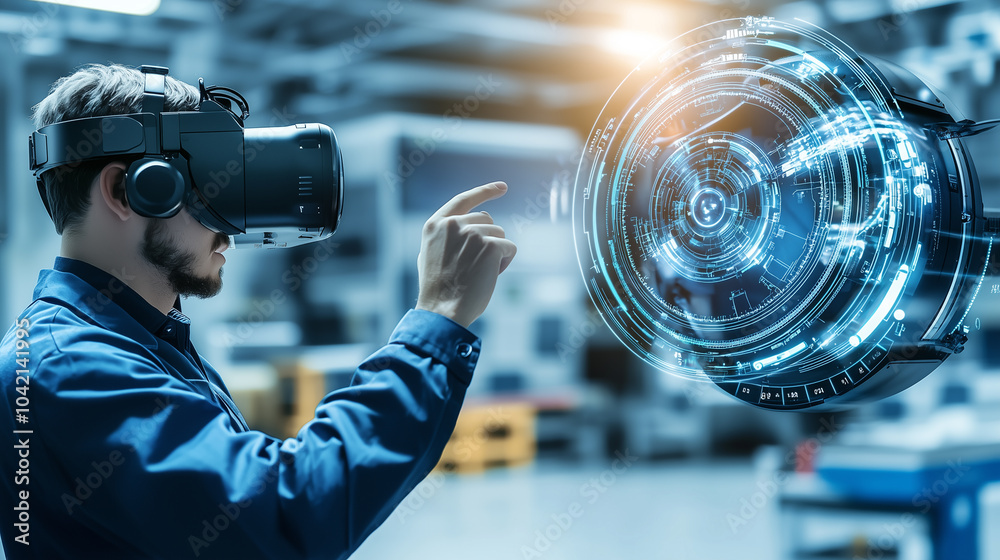 Poster scientist uses augmented reality to visualize complex data in futuristic lab, enhancing research with immersive technology