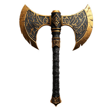 Ornate double-headed axe with intricate designs, isolated on a white background.