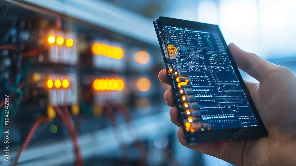 Poster person holds digital tablet displaying circuit board interface, monitoring smart grid control center. scene is illuminated by glowing lights from control panel