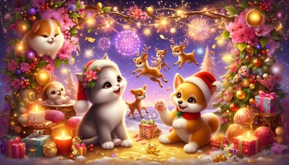 Cute Kitten and Puppy in Santa Hats with Reindeer - Christmas Card