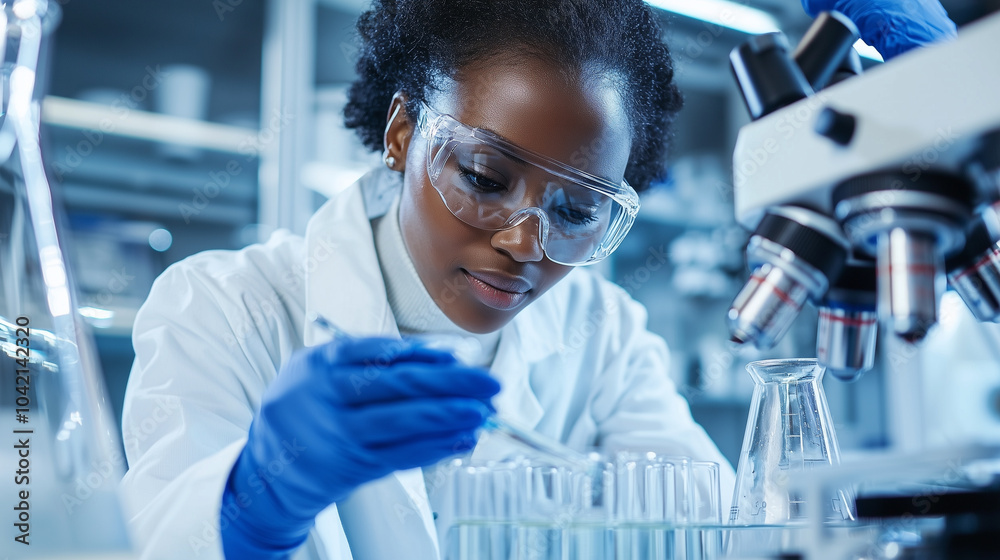 Poster scientist in laboratory is focused on biotechnology research, using pipette and test tubes. setting is modern and professional, highlighting innovation and precision