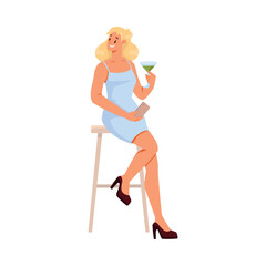 Woman Character Sitting on Chair with Smartphone and Glass of Cocktail Vector Illustration