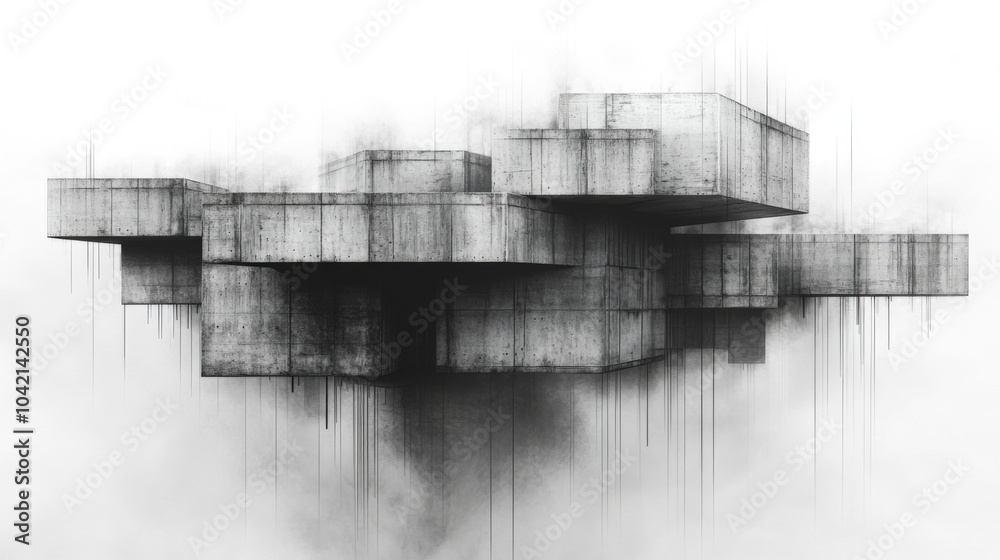 Leinwandbilder Floating concrete blocks appear suspended in a misty, ethereal environment, creating a surreal atmosphere that invites contemplation and curiosity.
