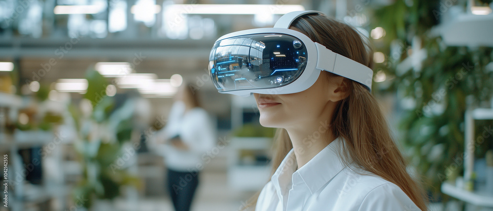 Aufkleber woman wearing virtual reality headset explores digital environment in modern office. setting is brig
