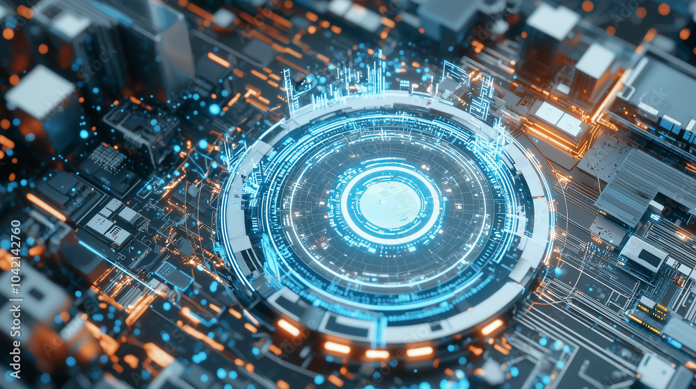 Aufkleber futuristic city skyline with advanced technology and glowing circuits creates vibrant, high tech atm