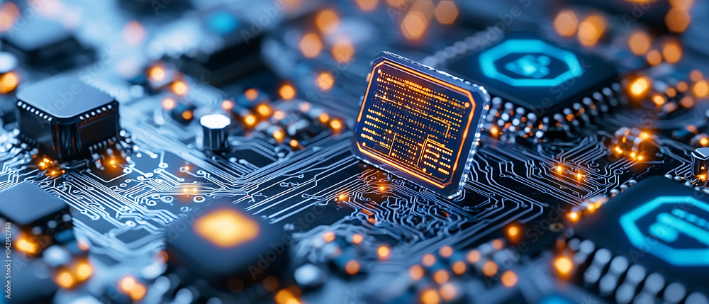 Poster close up of futuristic circuit board with glowing microchips and intricate pathways, showcasing advanced technology and innovation. vibrant lights create dynamic atmosphere