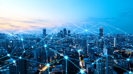 futuristic city skyline with advanced technology and glowing network connections illustrates modern urban landscape. vibrant scene captures innovation and connectivity