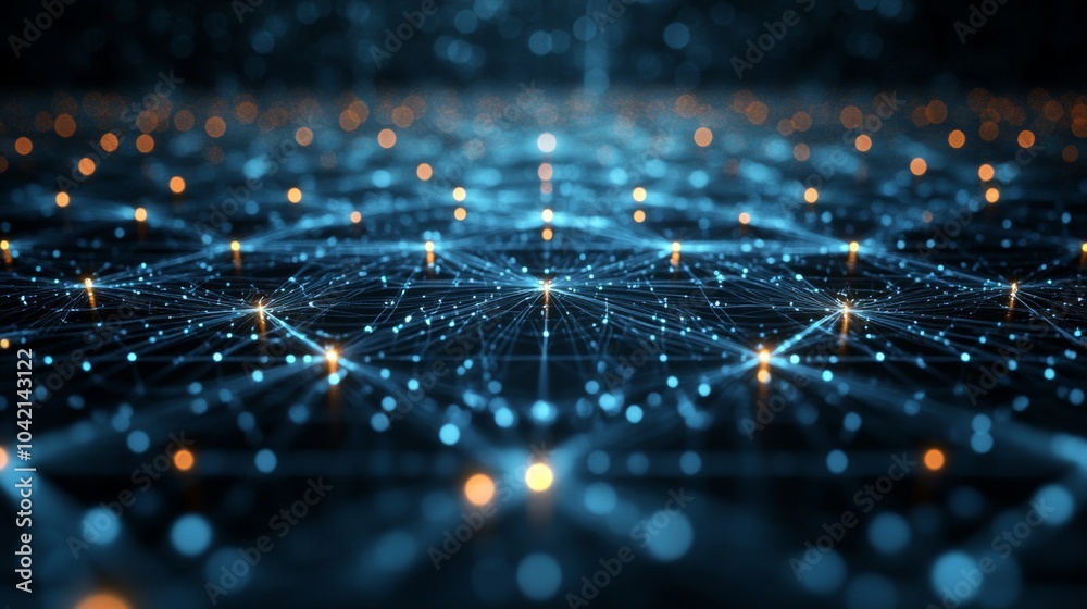 Poster A network of glowing blue and orange nodes and lines illustrates data transmission in a digital landscape, showcasing technology's complexity and interconnectedness.