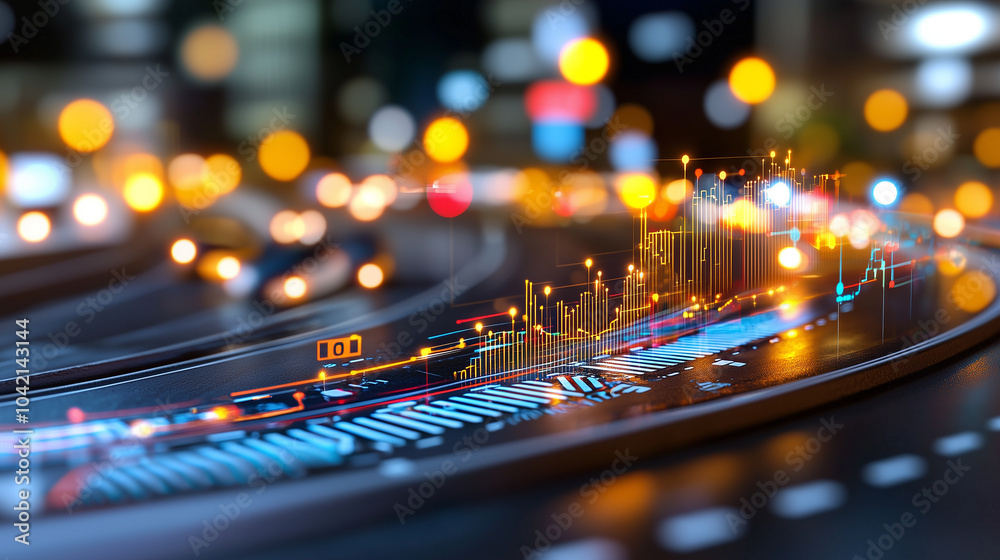 Poster digital map of city with real time traffic and environmental data is overlaid on blurred urban background, showcasing technology and innovation