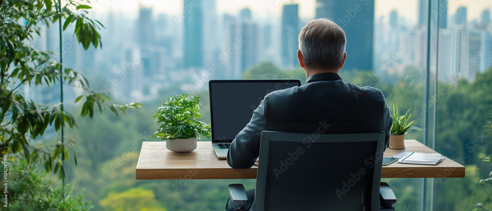Poster man works on laptop in modern office with panoramic city view, surrounded by greenery. serene enviro