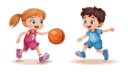 Little boy and girl playing basketball isolated on transparent background