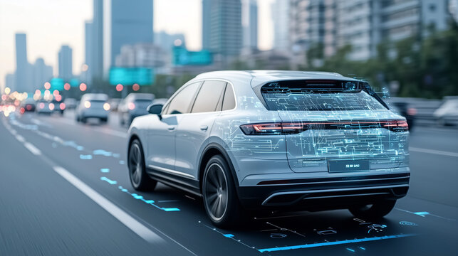 sleek, modern car drives on city road, surrounded by digital overlays indicating real time traffic and environmental data. urban setting is bustling with activity
