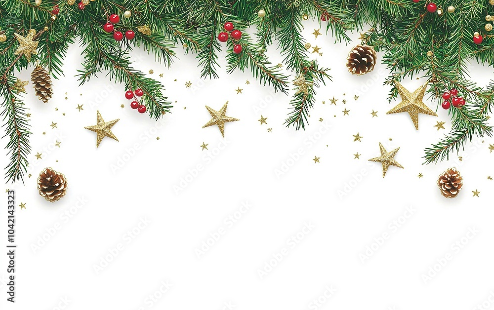 Wall mural Festive holiday decorations featuring pine branches, berries, and golden stars on a white background for seasonal celebrations