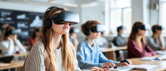 Students in futuristic classroom are engaged with virtual reality headsets, enhancing their learning experience. room is bright and modern, fostering innovative educational environment