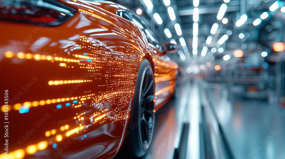 Leinwandbilder sleek, futuristic car with glowing lights speeds through modern factory, showcasing advanced technol