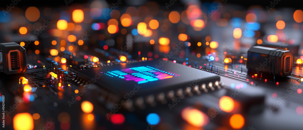 Poster futuristic circuit board with glowing lights and microchips, showcasing advanced technology and innovation. vibrant colors and intricate design highlight complexity of modern electronics