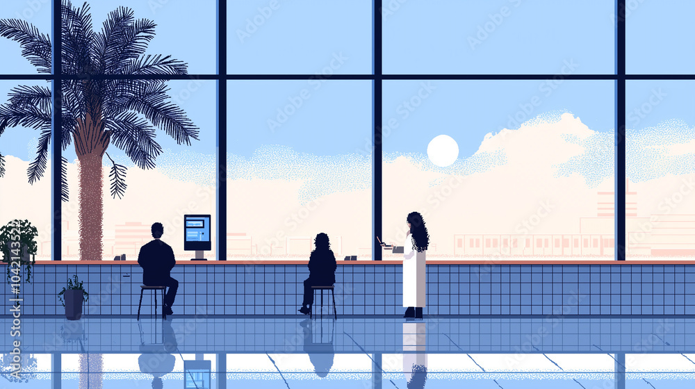 Poster modern office with large windows, featuring people working on computers and scenic view of sky. atmo