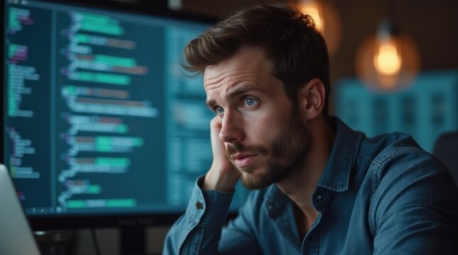 Computer programmer is working late, concentrating on a difficult coding problem