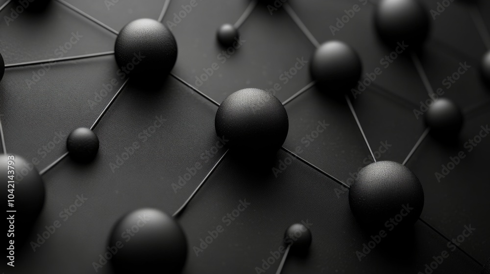Aufkleber The composition illustrates a network of textured spheres connected by fine lines against a dark backdrop, emphasizing abstract design and structure.