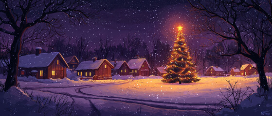 A serene winter village scene featuring a beautifully lit Christmas tree surrounded by snow-covered cottages under a starry night sky.